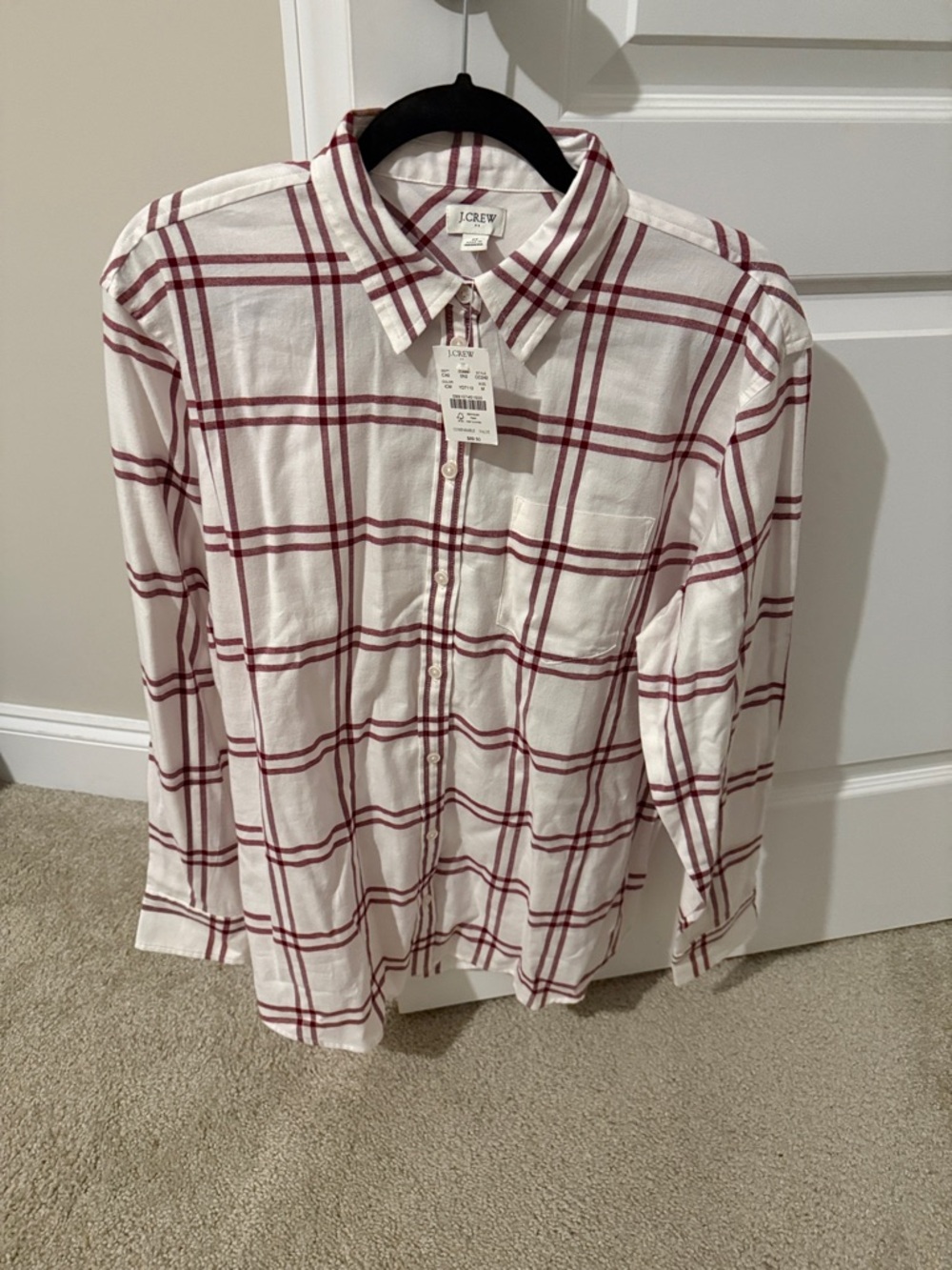 J. Crew White Button-Down Shirt with Wine Plaid